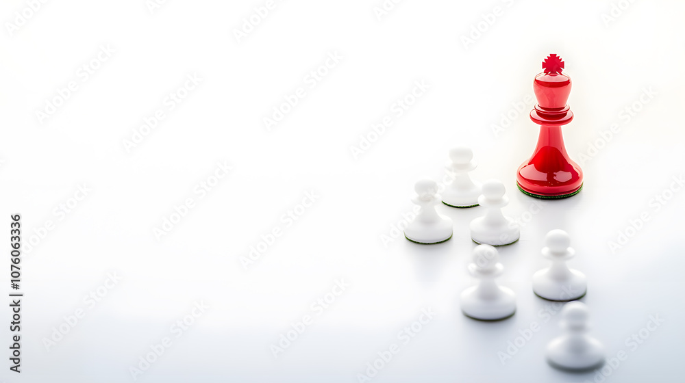 Red chess piece stands tall among white pawns Red chess piece stands tall among white pawns