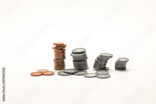 US coin ascending like a bar graph isolated on white table