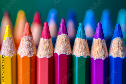 A group of colored pencils lined up in a row