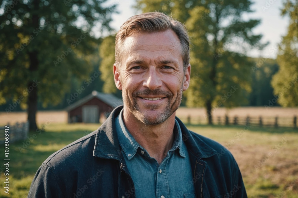 Close portrait of a smiling 40s Swedish male farmer standing and looking at the camera, outdoors Swedish rural blurred background Close portrait of a smiling 40s Swedish male farmer standing and looking at the camera, outdoors Swedish rural blurred background