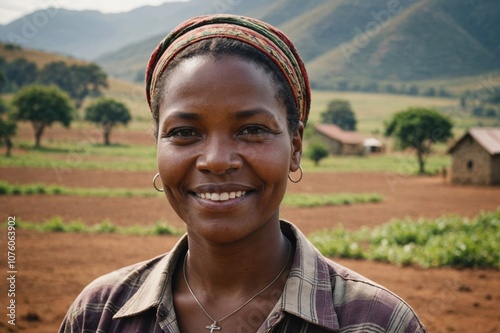 Close portrait of a smiling 40s Swazi female farmer standing and looking at the camera, outdoors Swazi rural blurred background