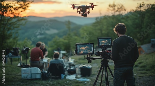 A filmmaker using a high-end drone for an outdoor movie shoot, drone capturing dynamic aerial shots, scene set in a picturesque landscape, crew watching monitor screens, cinematic lighting, photo