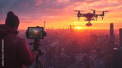 A filmmaker using a high-end drone to capture a sweeping aerial shot over a cityscape at sunset, the drone flying above skyscrapers, capturing the golden light reflecting off glass buildings,