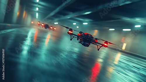 A group of drone racing enthusiasts competing in an underground parking garage, drones darting through tight corners, dramatic shadows cast by concrete pillars, photo