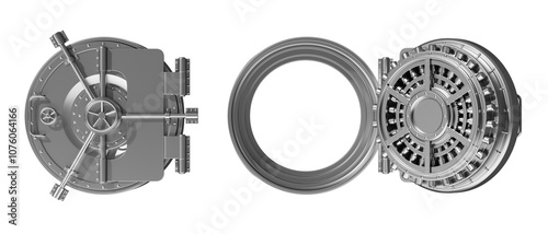 Canvastavla Closed and open bank vault doors on a white background, showcasing metal details and locking mechanisms