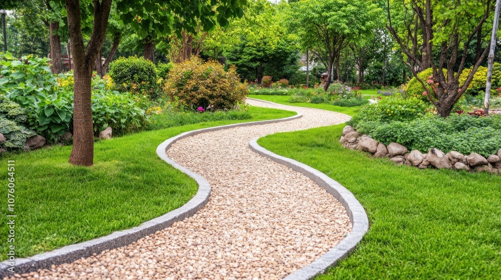 A winding garden path surrounded by lush greenery and colorful flowers. A winding garden path surrounded by lush greenery and colorful flowers.