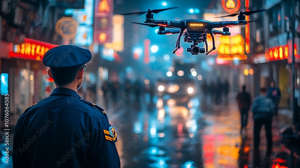 A nighttime drone surveillance operation led by a security guard in a busy urban area, the drone capturing footage of streets and buildings below, neon signs glowing, reflections on wet pavement, A nighttime drone surveillance operation led by a security guard in a busy urban area, the drone capturing footage of streets and buildings below, neon signs glowing, reflections on wet pavement,