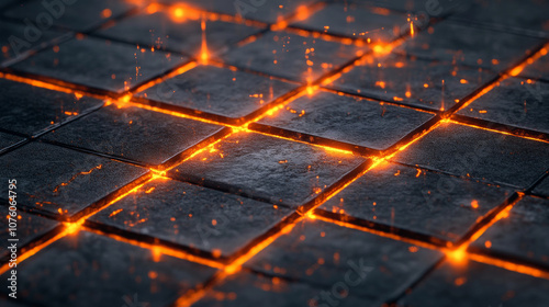 modern grid of dark tiles with glowing orange lines, creating striking visual effect. luminous lines add dynamic and energetic feel to surface
