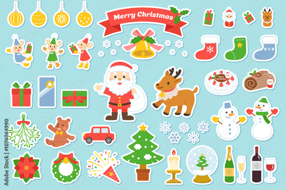 かわいいクリスマスのイラスト素材セット シール風 かわいいクリスマスのイラスト素材セット シール風
