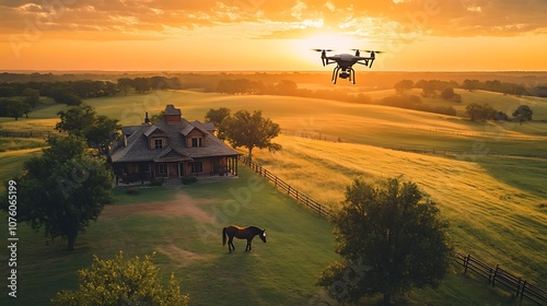 A real estate agent using a drone to photograph a countryside property, the drone flying over a sprawling ranch with a farmhouse, horses grazing in the fields, the agent dressed in business attire, photo