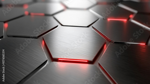 modern hexagonal titanium plate with red luminous lines, showcasing sleek and futuristic design. metallic surface reflects light beautifully, creating eye catching effect