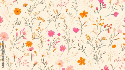 Pink and orange flowers and leaves pattern illustration poster background