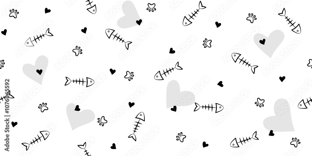 Cat paw and fish bone with love pattern, white seamless background. Cat paw and fish bone with love pattern, white seamless background.