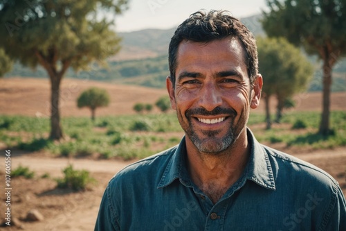Close portrait of a smiling 40s Tunisian male farmer standing and looking at the camera, outdoors Tunisian rural blurred background
