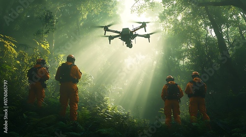 A search and rescue team operating a drone in a dense forest, the drone flying above the treetops capturing a wide view of the canopy, sunlight filtering through the leaves, photo