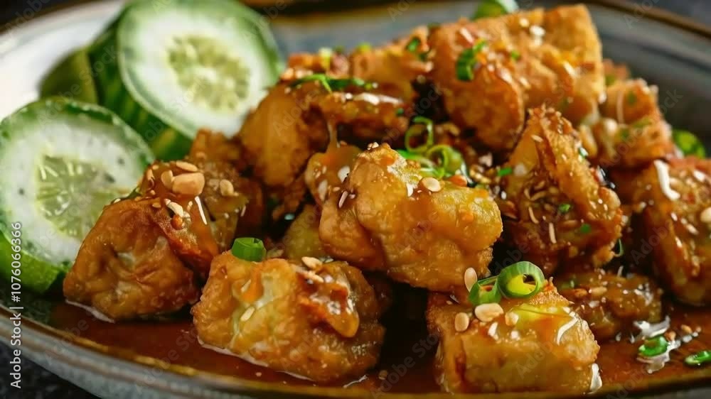 Crispy Fried Tofu with Sweet and Savory Sauce, Topped with Sesame Seeds and Green Onions Crispy Fried Tofu with Sweet and Savory Sauce, Topped with Sesame Seeds and Green Onions