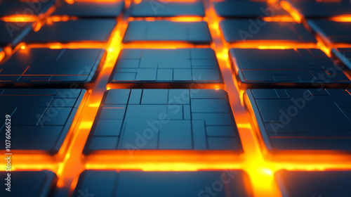 Modern square titanium plates with orange luminous lines create striking visual effect, showcasing futuristic design. glowing elements enhance overall aesthetic, making it ideal for technology themed