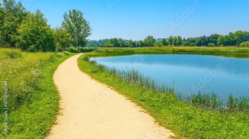 A serene path alongside a calm lake surrounded by lush greenery under a clear blue sky.