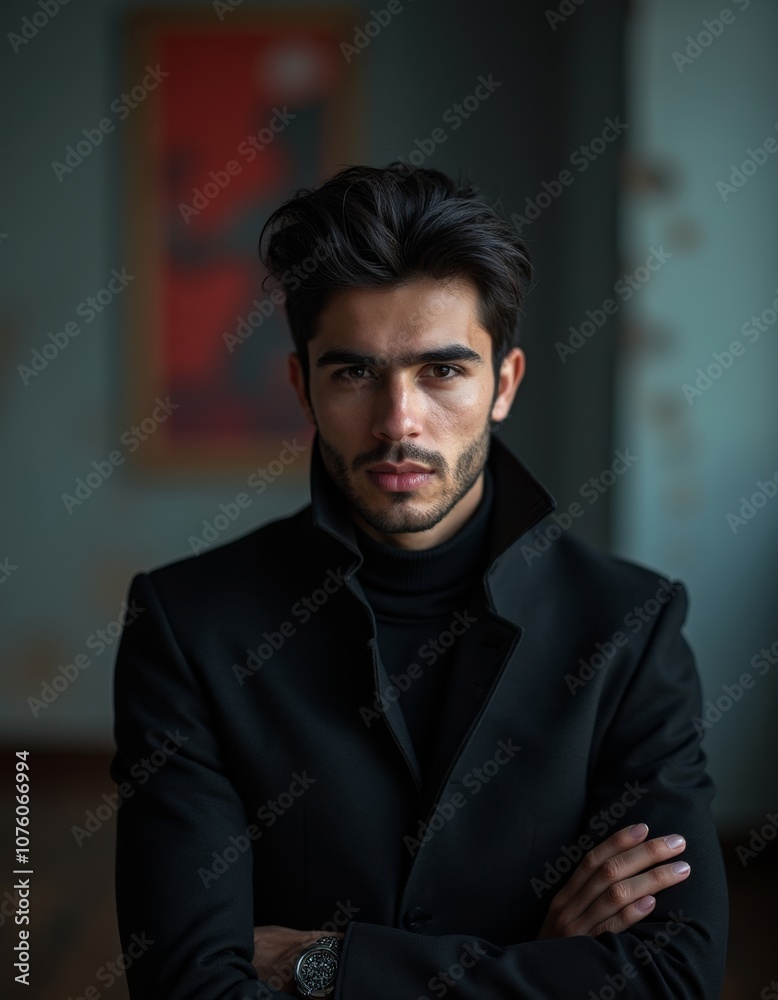 Stylish Syrian Man in Dark Attire with Dramatic Lighting Portrait Stylish Syrian Man in Dark Attire with Dramatic Lighting Portrait