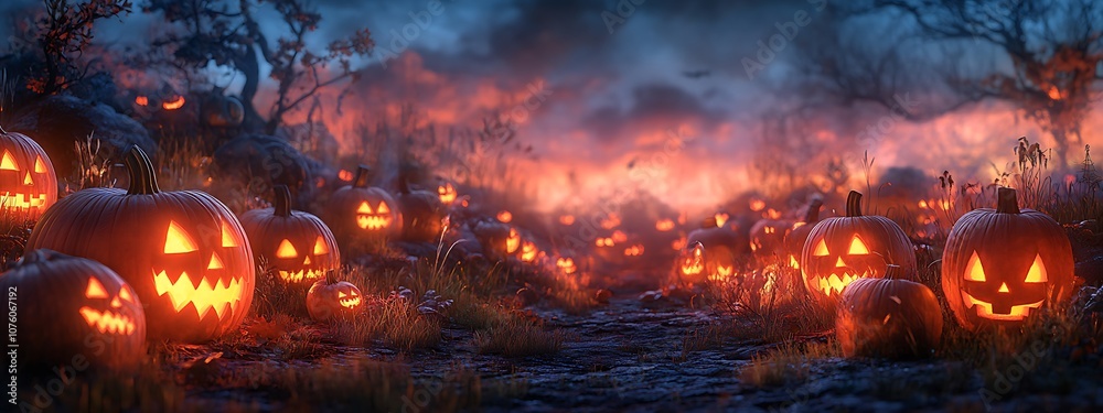 Creepy Pumpkin Patch at Twilight with Rows of Jack-o'-Lanterns Flickering, Surrounded by Shadows, with an Open Area Above for Adding Halloween Titles or Festive Quotes Creepy Pumpkin Patch at Twilight with Rows of Jack-o'-Lanterns Flickering, Surrounded by Shadows, with an Open Area Above for Adding Halloween Titles or Festive Quotes