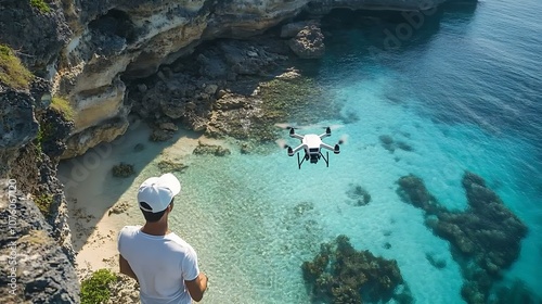 A tourist flying a drone over a scenic coastal area, capturing crystal clear ocean waters and cliffs, the tourist looking up with excitement, drone in mid-air, wide shot of the ocean, bright daylight, photo