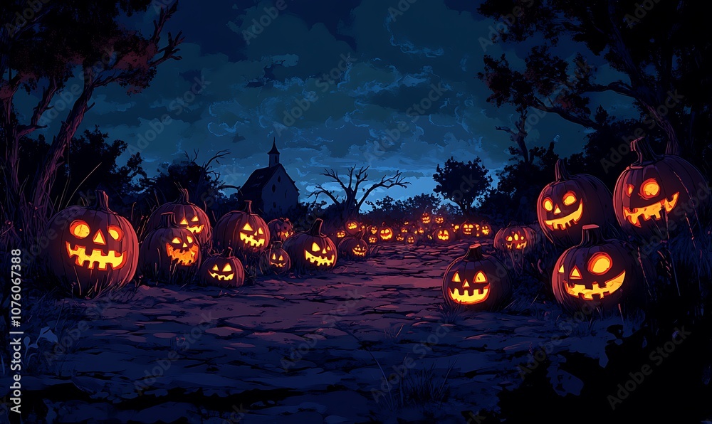 Creepy Pumpkin Patch at Twilight with Rows of Jack-o'-Lanterns Flickering, Surrounded by Shadows, with an Open Area Above for Adding Halloween Titles or Festive Quotes
