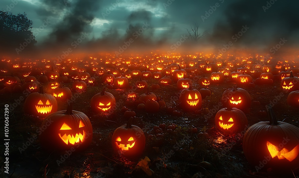 Naklejka premium Creepy Pumpkin Patch at Twilight with Rows of Jack-o'-Lanterns Flickering, Surrounded by Shadows, with an Open Area Above for Adding Halloween Titles or Festive Quotes