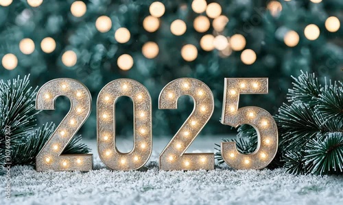 Brightly Illuminated Bold Number 2025 Surrounded by Glittering Lights and Evergreen Sprigs Perfect for Celebrating New Year and Holiday Events