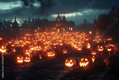 Creepy Pumpkin Patch at Twilight with Rows of Jack-o'-Lanterns Flickering, Surrounded by Shadows, with an Open Area Above for Adding Halloween Titles or Festive Quotes