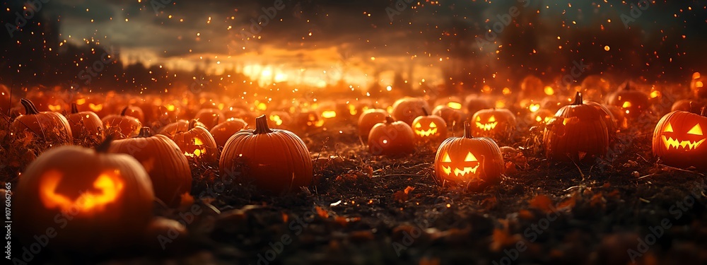 Creepy Pumpkin Patch at Twilight with Rows of Jack-o'-Lanterns Flickering, Surrounded by Shadows, with an Open Area Above for Adding Halloween Titles or Festive Quotes Creepy Pumpkin Patch at Twilight with Rows of Jack-o'-Lanterns Flickering, Surrounded by Shadows, with an Open Area Above for Adding Halloween Titles or Festive Quotes