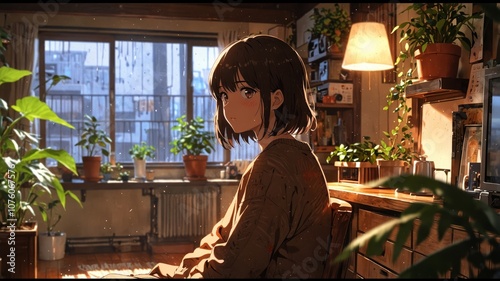 Cozy Anime Scene with Plants and Warm Lighting