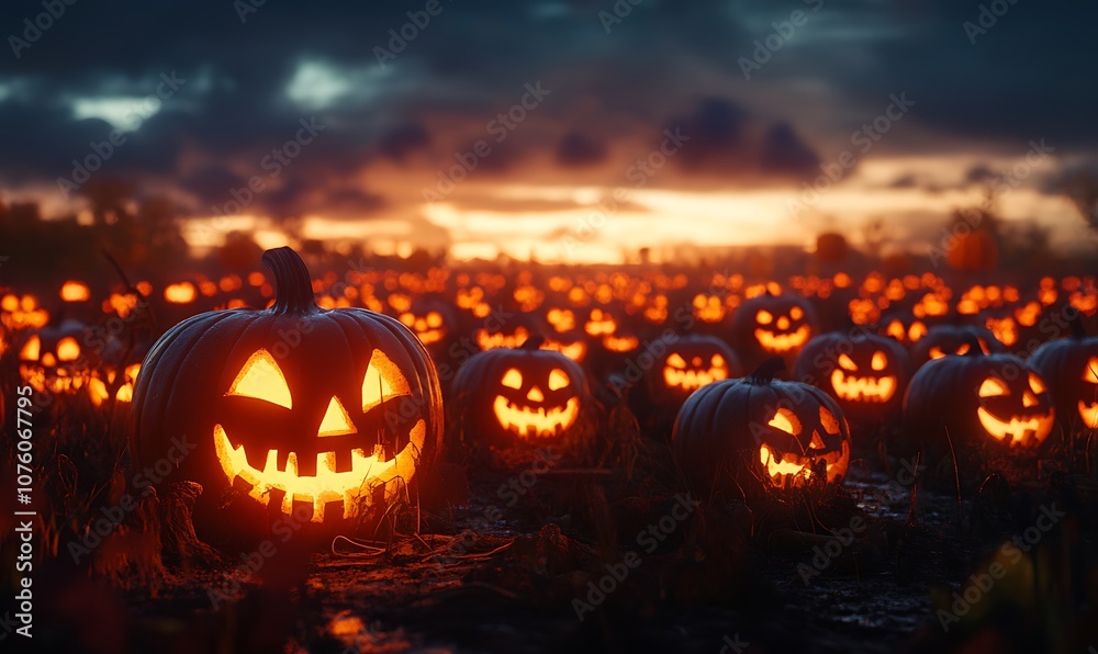 Fototapeta premium Creepy Pumpkin Patch at Twilight with Rows of Jack-o'-Lanterns Flickering, Surrounded by Shadows, with an Open Area Above for Adding Halloween Titles or Festive Quotes