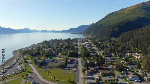 Sunny aerial view of Seward, Alaska, during the fall season, showcasing the vibrant colors of the landscape. Perfect for scenic, travel, and seasonal content photo