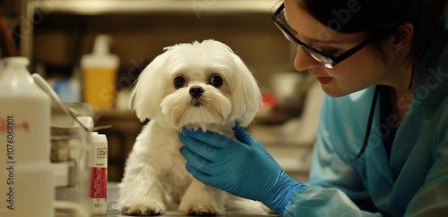 A maltese dog being examined by a veterinarian, groomer photo