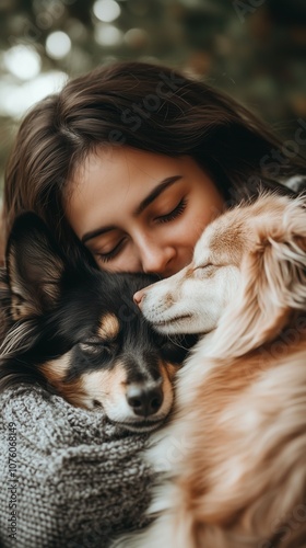 A young woman cuddles a two dogs, creating a warm and loving atmosphere