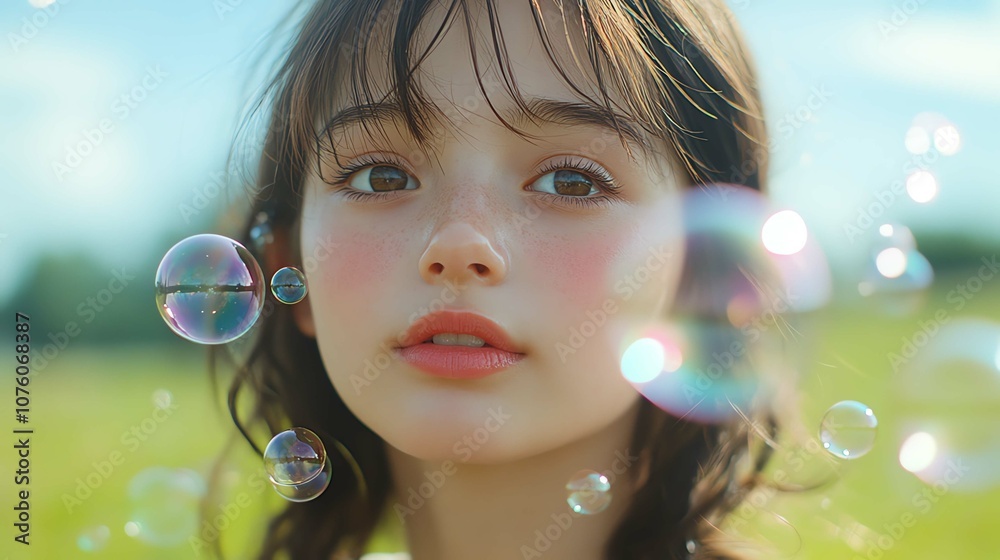 A young girl surrounded by bubbles, enjoying a sunny day in a green field. A young girl surrounded by bubbles, enjoying a sunny day in a green field.