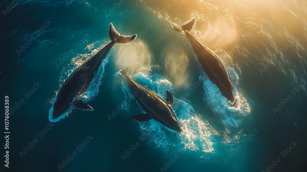 Fototapeta premium An aerial perspective of a wildlife photographer using a drone to film whales breaching in the ocean, the photographer standing on a cliff edge, waves crashing below,