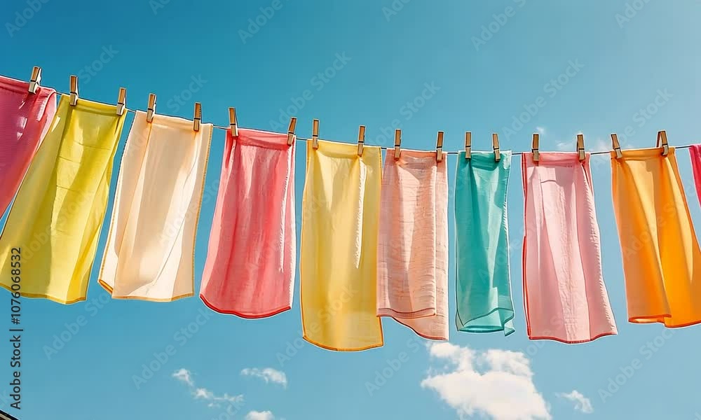 Colorful Clothes Drying on a Clothesline Against a Bright Blue Sky Colorful Clothes Drying on a Clothesline Against a Bright Blue Sky