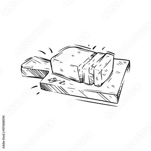 Sketch of a block of cheese resting on a wooden cutting board with a knife nearby, illustrating a culinary preparation setting