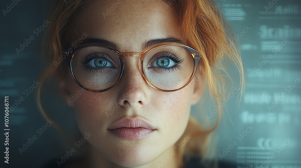Close-up of a thoughtful woman with glasses, showcasing deep focus and intelligence. Close-up of a thoughtful woman with glasses, showcasing deep focus and intelligence.