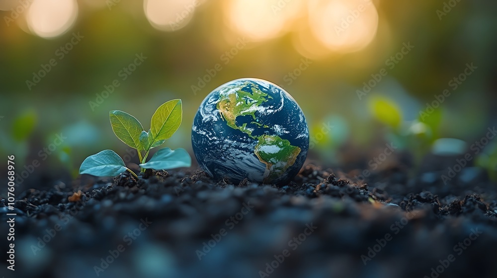 Earth globe surrounded by green sprouts representing environmental awareness. Earth globe surrounded by green sprouts representing environmental awareness.