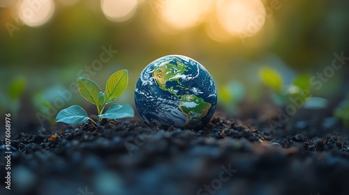 Earth globe surrounded by green sprouts representing environmental awareness.