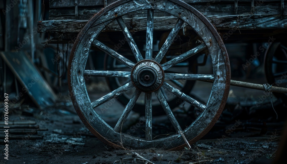 A close-up of a weathered wooden wagon wheel with metal hub and spokes, set against a dark, dusty backdrop. A close-up of a weathered wooden wagon wheel with metal hub and spokes, set against a dark, dusty backdrop.