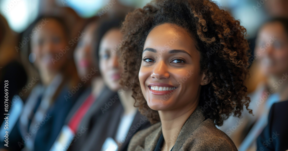 Confident businesswoman smiles during a conference presentation. Confident businesswoman smiles during a conference presentation.
