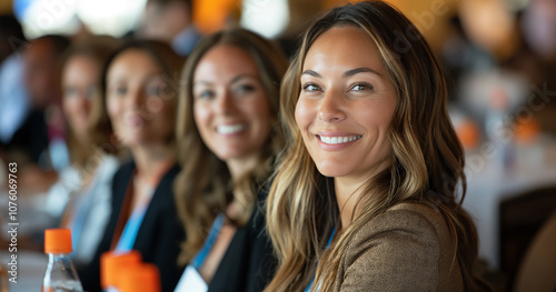 Confident Businesswoman Smiles at Conference Networking Event