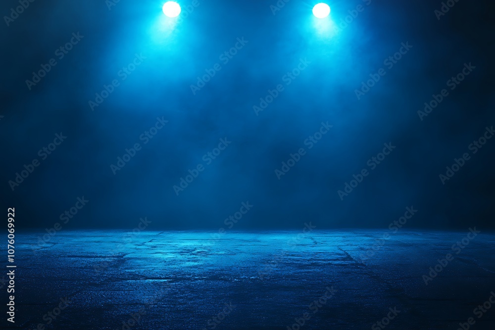 Obraz premium Blue Stage Lights Shining In Darkened Environment.