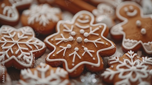 Macro shot of gingerbread cookies decorated with intricate icing details. Christmas baking, festive celebrations,seasonal traditions,holiday-themed designs,marketing materials,holiday warmth