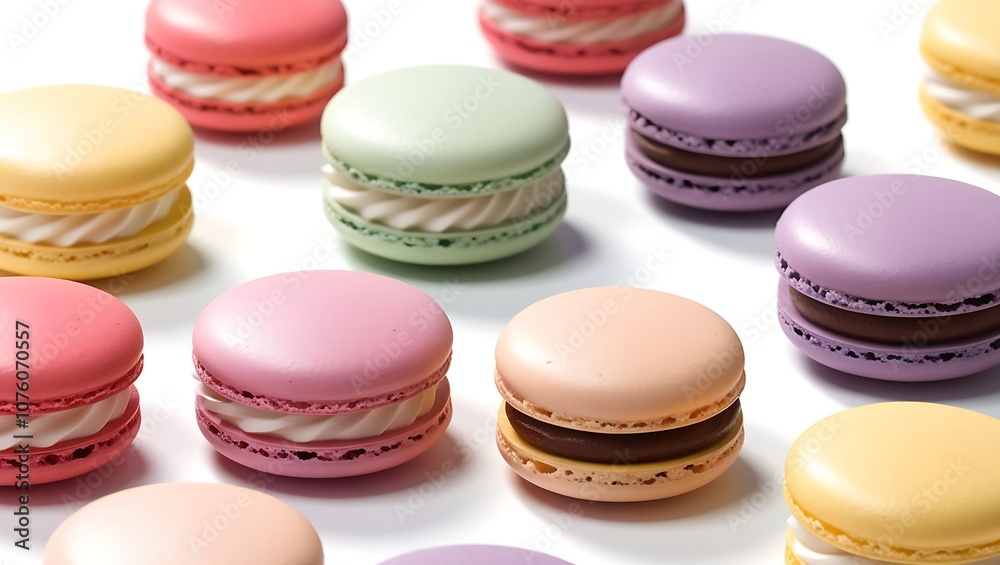 Colorful macarons arranged in a row on a white background. Colorful macarons arranged in a row on a white background.