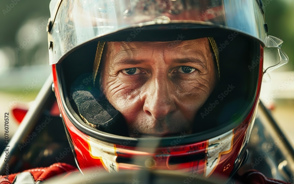 Fototapeta premium Close up portrait of senior man, go cart racer in a uniform and helmet driving a sport vehicle. Car racing on a track, drift, speed and adrenaline, motorsport concept. Blurred background, de focused.