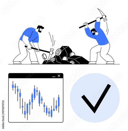 Workers mining data collaboratively with sledgehammers, graph with fluctuating data trends, large checkmark indicating success. Ideal for teamwork, data analysis, validation, mining research, success